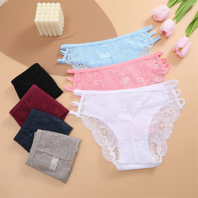 3PC/Set Women's Sexy Floral Lace Panties Low Rise Hollow Out Briefs Transparent Underwear Female Elastic Straps Soft Lingerie - LKBA