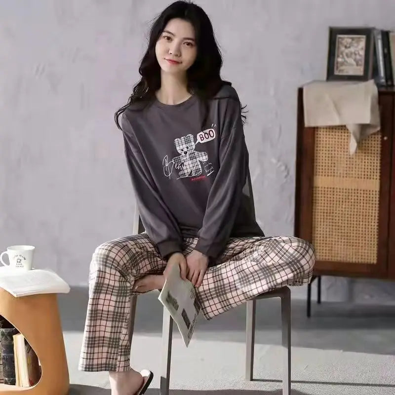 Spring and Autumn New Ladies Pajamas Homewear Set of Long-Sleeved Autumn and Winter Homewear Women Plus Size Pajamas Set - LKBA
