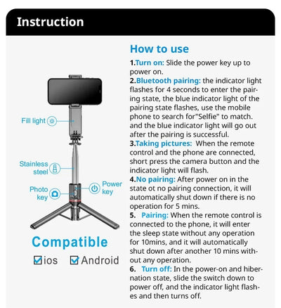 2025 New L15 Wireless Selfie Stick Tripod Stand Foldable Monopod with Led Light for Smart phones - LKBA