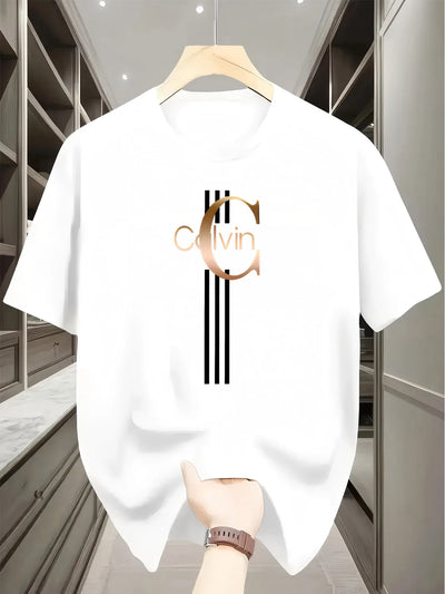 Men's summer 100% pure cotton loose creative letter print casual slim round-neck short-sleeved T-shirt top - LKBA