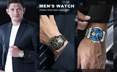 OLEVS 2856 Quartz Watch for Men Flywheel Skeleton Chronograph Moon Phase Multifunctional Stainless steel Men's Wristwatches - LKBA