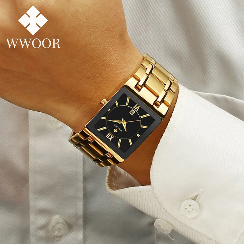 Fashion Stainless Steel Watches Men 2024 WWOOR Square Waterproof Quartz Watch Men Top Brand Luxury Gold Black Wristwatch For Man - LKBA