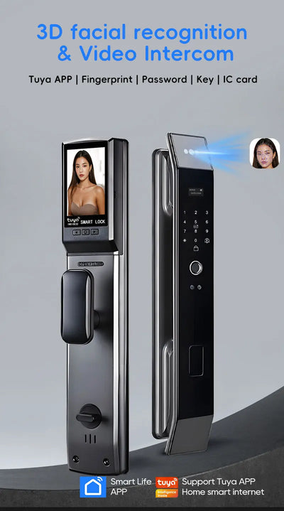 SANKESONG Tuya Smart 3D Face Door Lock Security Camera Monitor Intelligent Fingerprint Password Biometric Dual Battery - LKBA