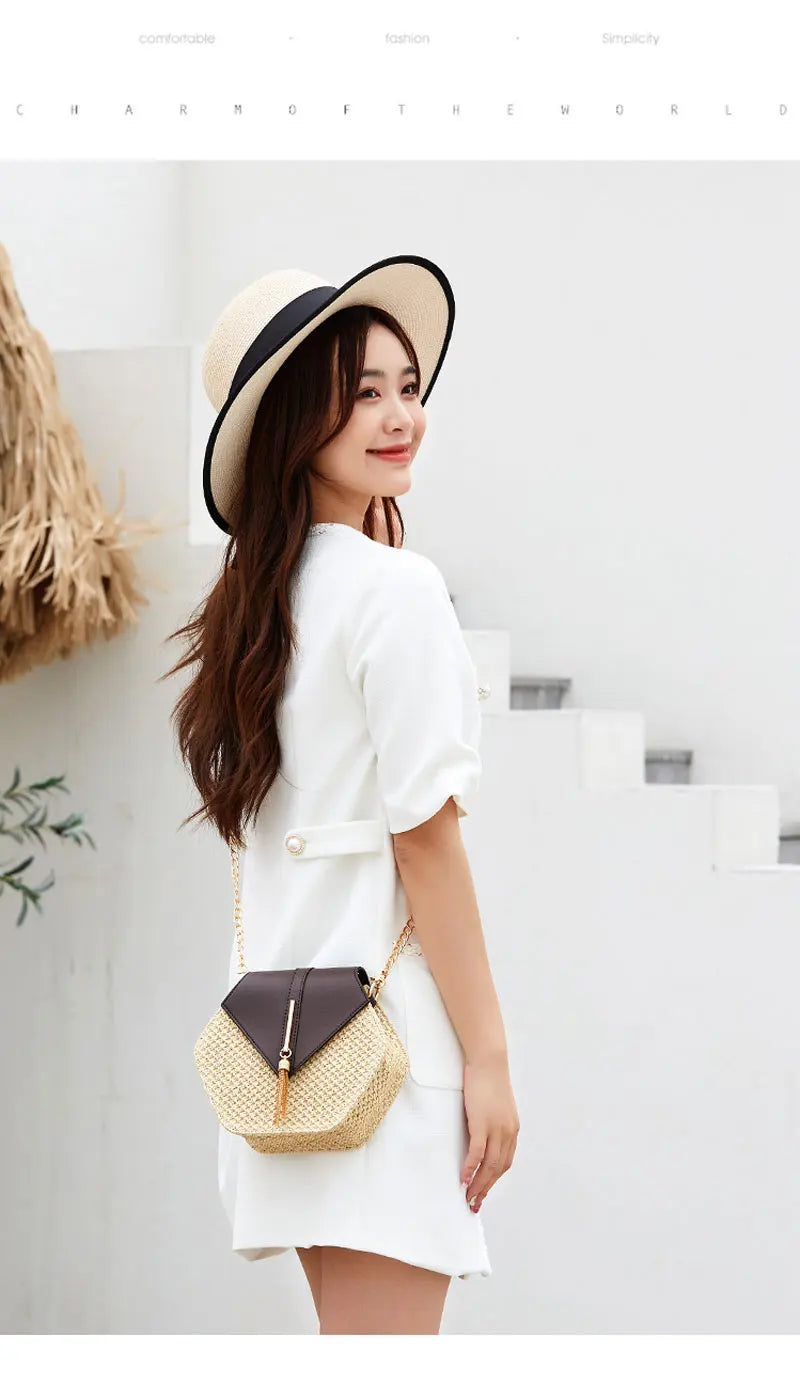 Shape Straw PU Leather Handbag Women Summer Rattan Bag Handmade Woven Beach Bohemia Chain Strap Shoulder - LKBA