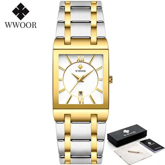 WWOOR Brand Luxury Gold Bracelet Men's Watches Fashion Square Quartz Wrist Watch For Men Stainless Steel Waterproof Reloj Hombre