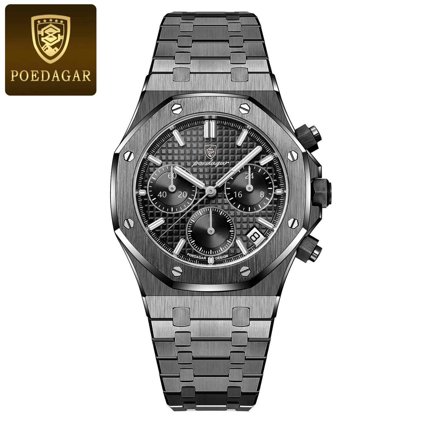 POEDAGAR Original Luxury Men's Watches Date Chronograph Stainless Steel Quartz Watch Waterproof Luminous Fashion Man Wristwatch - LKBA