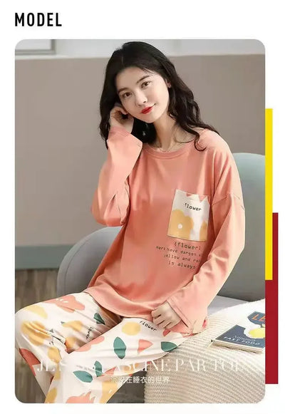 Pyjamas Set for Women's Plus Size Student Long Sleeve Spring and Fall Loungewear Ladies Simple Loose Homewear Casual Sleepwear - LKBA