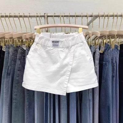 High-Waisted Cotton Mini Dress Plus Size Two-Piece Illusion Pants Skirt Slimming A- Line Half Body For Women Spring Summer White - LKBA