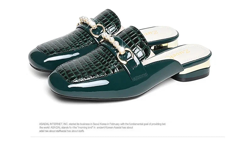Summer New Pearl Painted Leather Low Heel Women's Slippers High Quality Flat Bottom Half Slippers Comfortable Fashionable