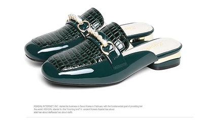 Summer New Pearl Painted Leather Low Heel Women's Slippers High Quality Flat Bottom Half Slippers Comfortable Fashionable