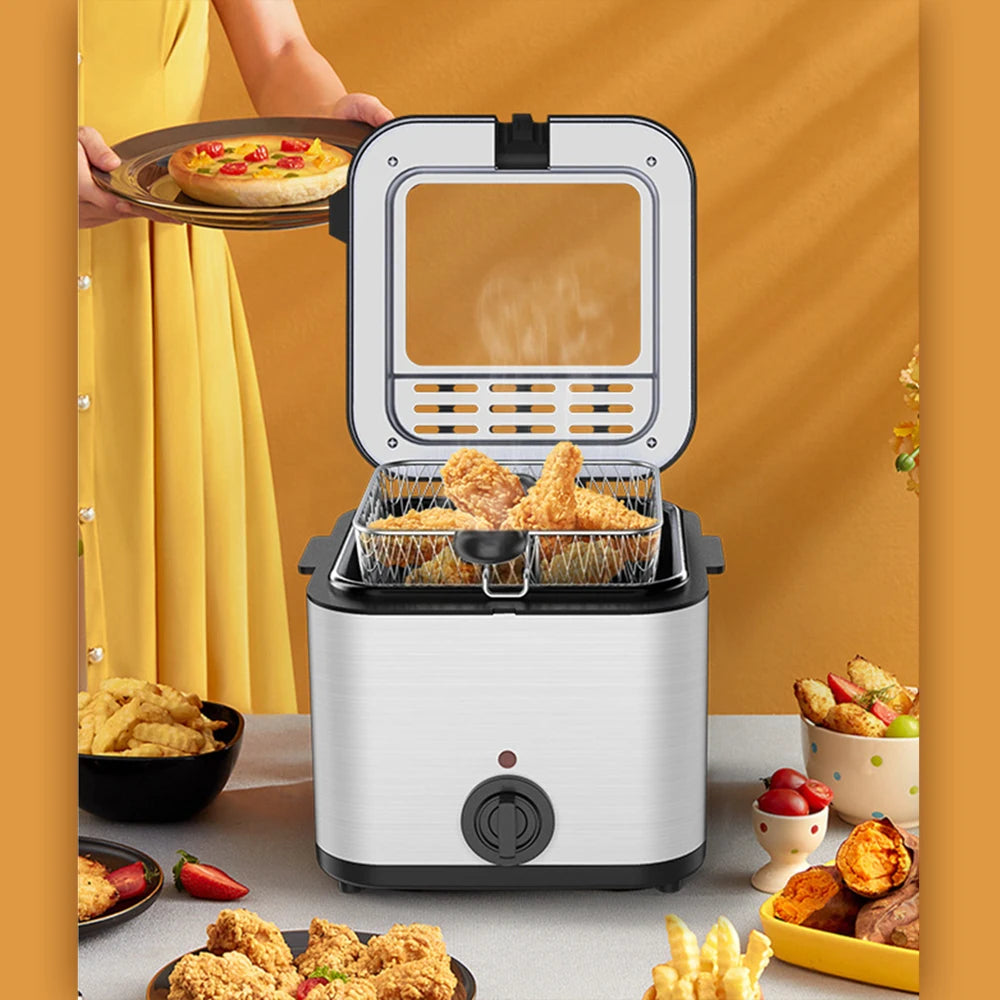 2.5L Electric Fryer Household Mini Electric Fryer 1000W Multiple Function Stainless Steel Fryer Kebab French Fries Machine - LKBA