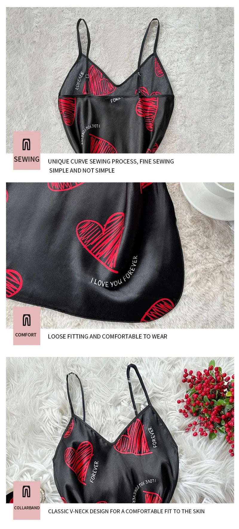 Valentine's Day Red Lip Print Satin Slip Nightdress V Neck Backless Mini Sleep Dress Women's Sleepwear Dresses - LKBA