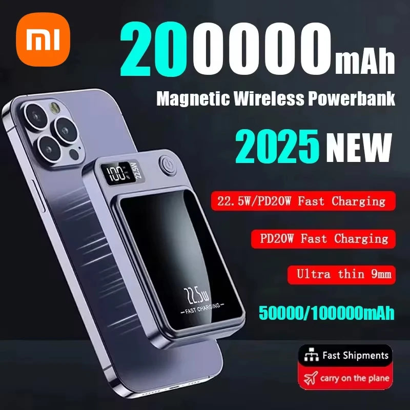 200000mAh Magnetic Power Bank Wireless Fast Charger for Mag safe Portable Auxiliary Battery - LKBA