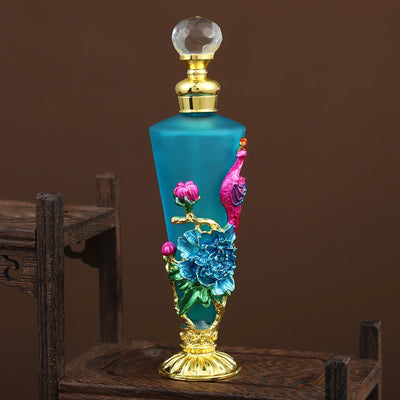 1pc 30ml Perfume Bottle Creative Enamel Peacock Flower Blue Conical Glass Jar Diamond Shape Lid 140mm/5.5" Decor Dressing Table - LKBA