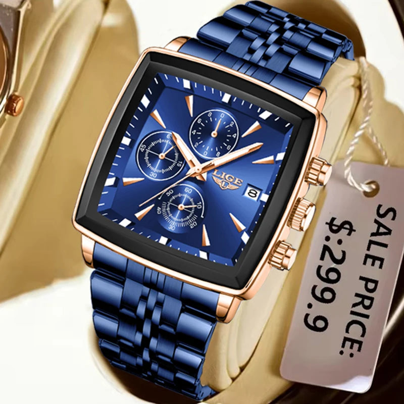 LIGE Top Brand Luxury Mens Watches Fashion Military Square Chronograph Quartz Wristwatches For Men Sports Waterproof Watch Men - LKBA