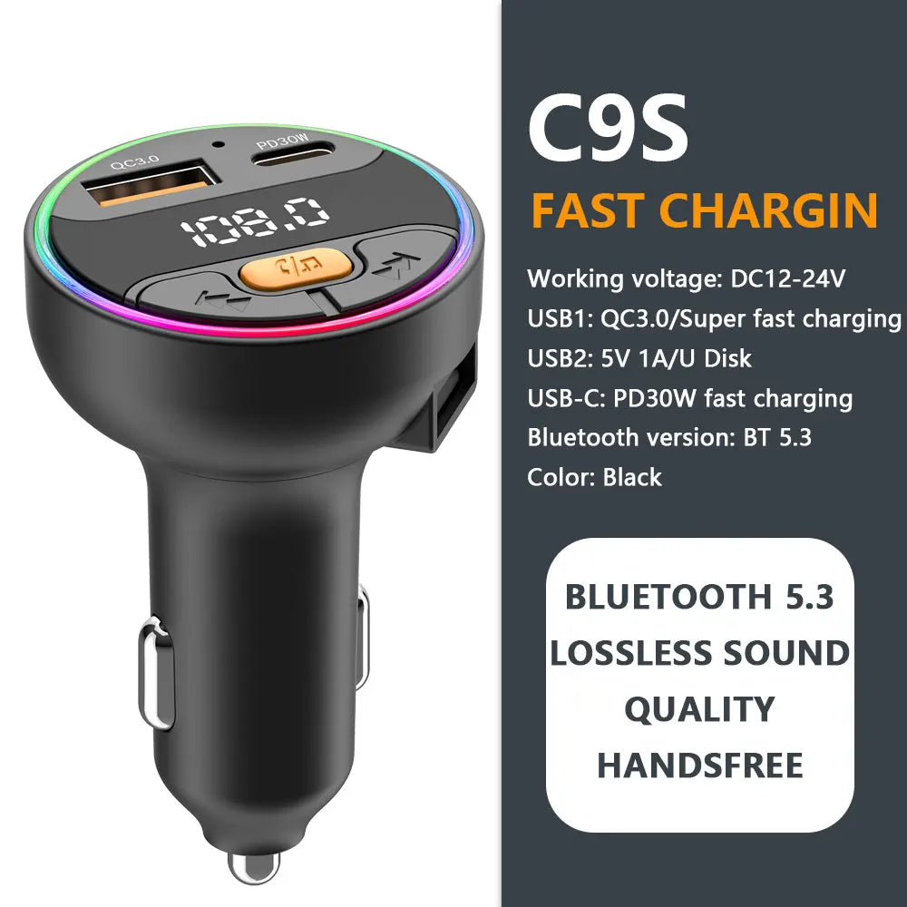 Bluetooth 5.3 FM Transmitter Handsfree Car AUX Radio Modulator MP3 Player with 22.5W & PD30W Fast Charge Adapter Car Accessories - LKBA