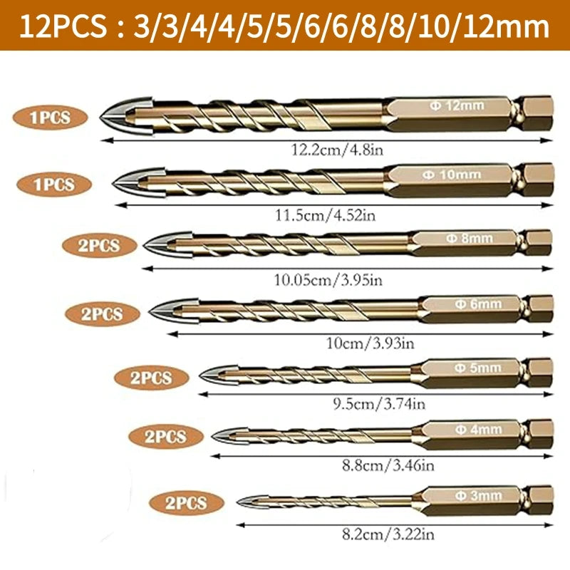 12PCS Hexagonal Shank Tile Drill Set Glass Drill Masonry Drill Bit Set 3-12 mm Drill Ceramic Drill Tile Drilling Tools Set - LKBA
