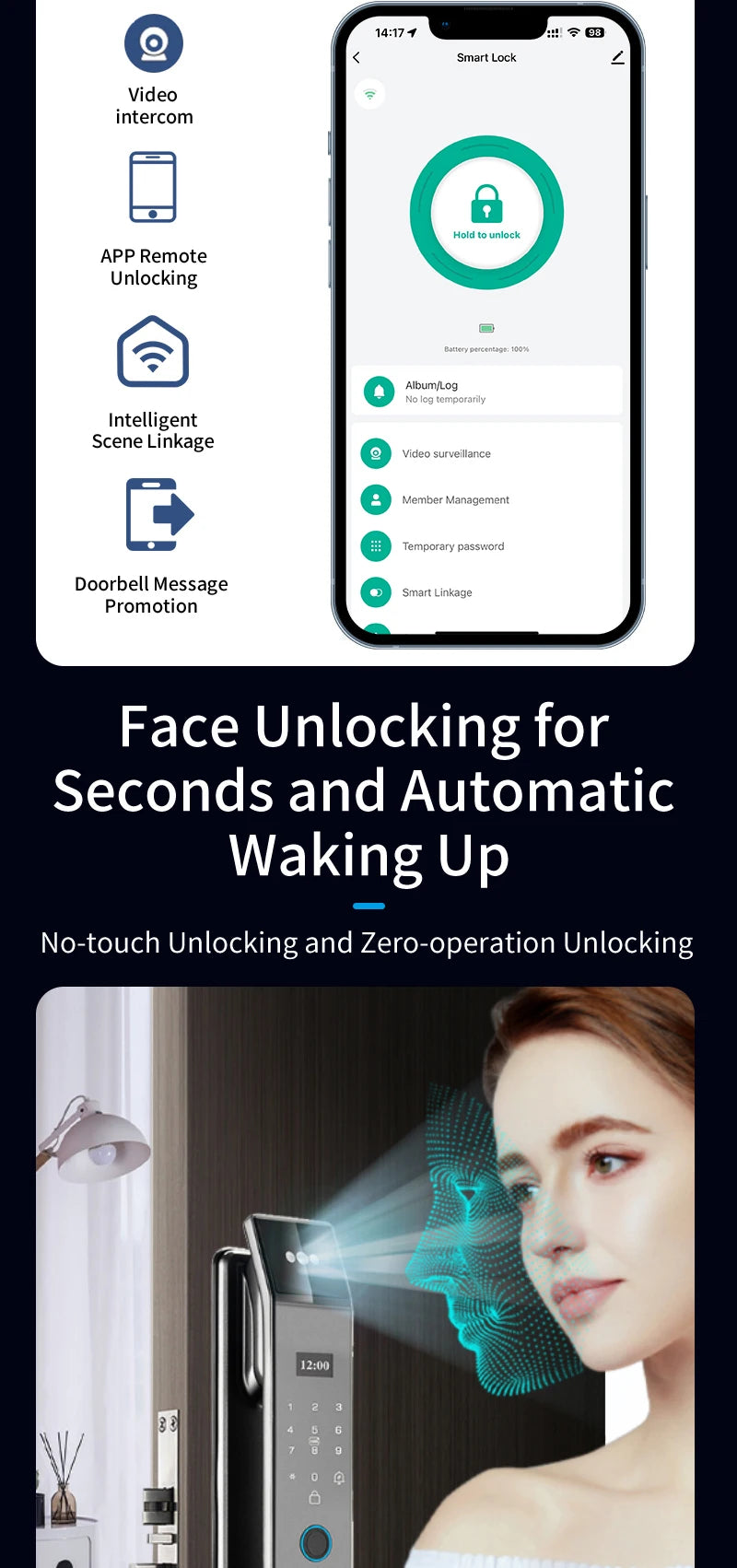 XSDTS Wifi Tuya APP Face Recognition Smart Door Lock with Camera Video Call Voice Intercom Digital Door Lock Automatic Door Lock - LKBA