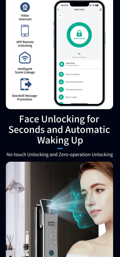 XSDTS Wifi Tuya APP Face Recognition Smart Door Lock with Camera Video Call Voice Intercom Digital Door Lock Automatic Door Lock - LKBA
