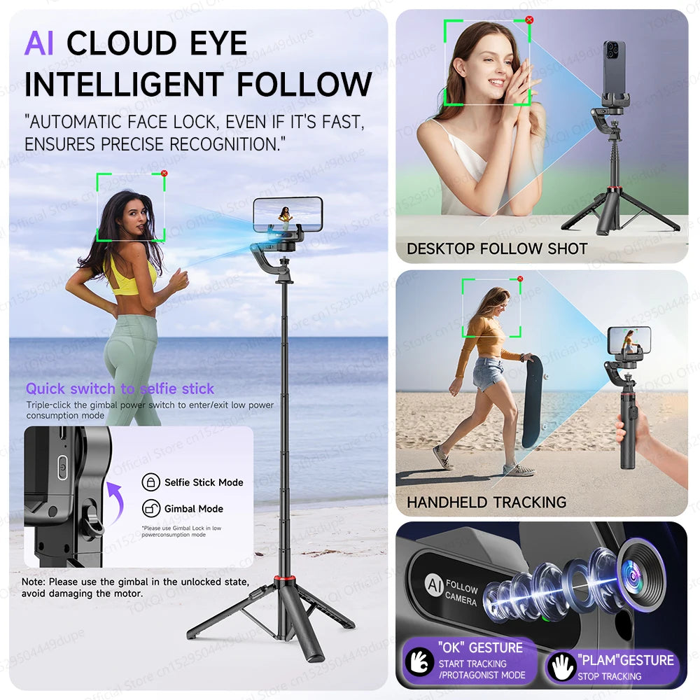 C22 AI Face Tracking Handheld Gimbal Stabilizer 360° Rotation Shoot Selfie Stick Tripod - LKBA