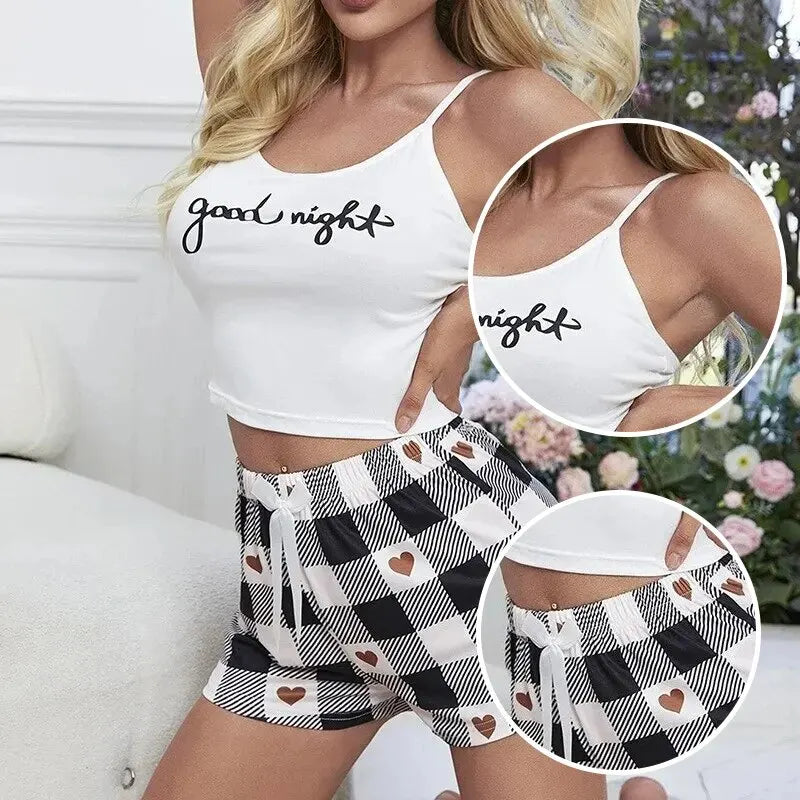 Summer Women's Sexy Camisole Pajama Set Women's Printed Letter Top Paired with Checkered Printed Shorts Home Pajama Set - LKBA