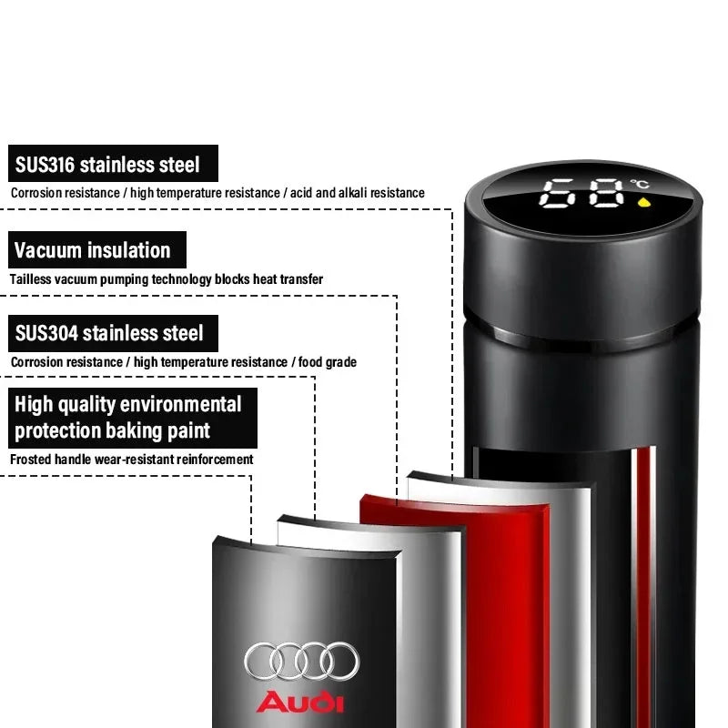 New Car Smart Thermos Bottle Temperature Stainless Travel Mug Emblem For Audi A7 A8 A3 A4 A5 A6 TT Q3 Q5 Q7 A1 B5 B6 B7 B8 B9 8P - LKBA