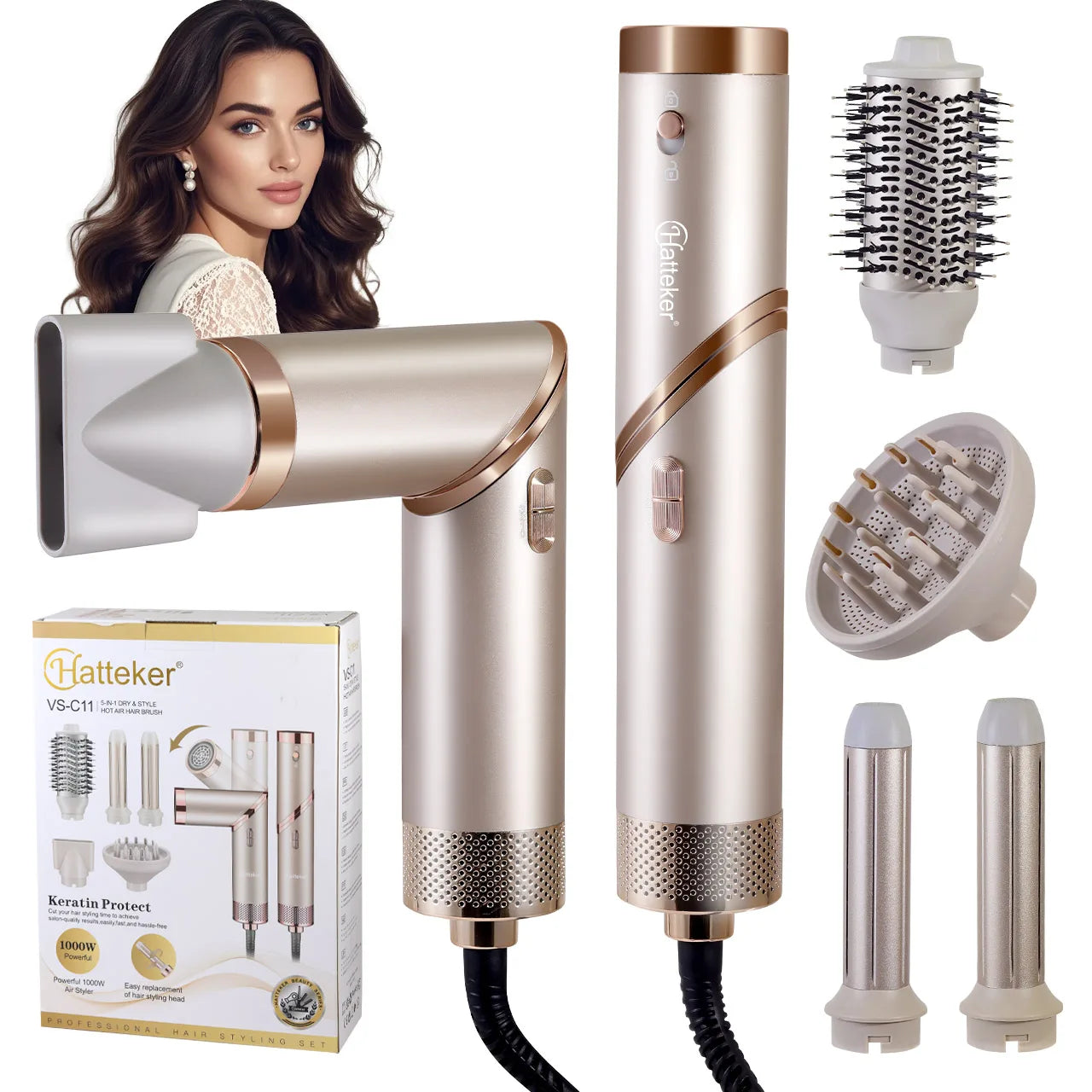 5 in 1 38000 RPM High-Speed Hair Dryer Brush Hair Styler Auto-Wrap Curlers Blow Dryer Fast Drying Multi Hot Air Brush - LKBA