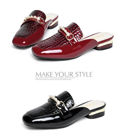 Summer New Pearl Painted Leather Low Heel Women's Slippers High Quality Flat Bottom Half Slippers Comfortable Fashionable