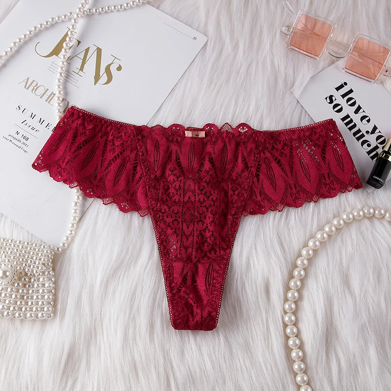 BANNIROU Women's Thongs Underwear Female Intimates T-back G-string Sexy Transparent Lace Low-Rise Panties Lingerie For Woman - LKBA