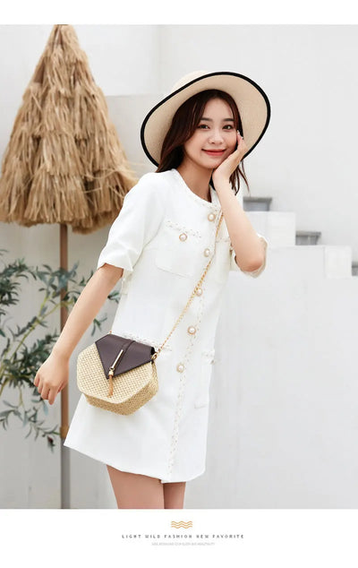 Shape Straw PU Leather Handbag Women Summer Rattan Bag Handmade Woven Beach Bohemia Chain Strap Shoulder - LKBA