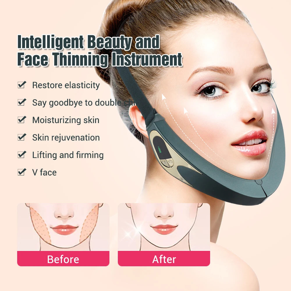 Facial Lifting Device Facial Slimming Vibration Massager Face Heating Double Chin V Shape Lift Belt Face Warm Compress Massager - LKBA
