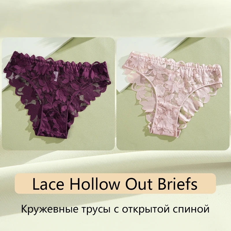 2Pcs Women's Satin Floral Lace Underwear Sexy Hollow Out Panties Solid Low-Waist Perspective Briefs Girls Soft Lingerie - LKBA