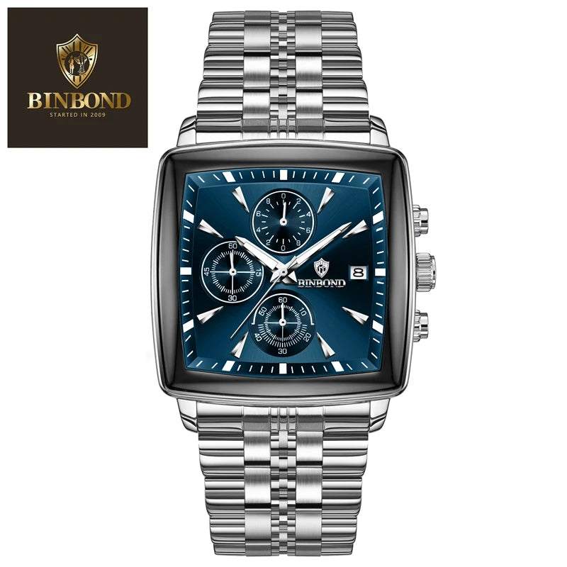 BINBOND Luxury Square Sport Man Wristwatch Waterproof Luminous Chronograph Quartz Men's Watches Stainless Steel Men Watch Reloj - LKBA