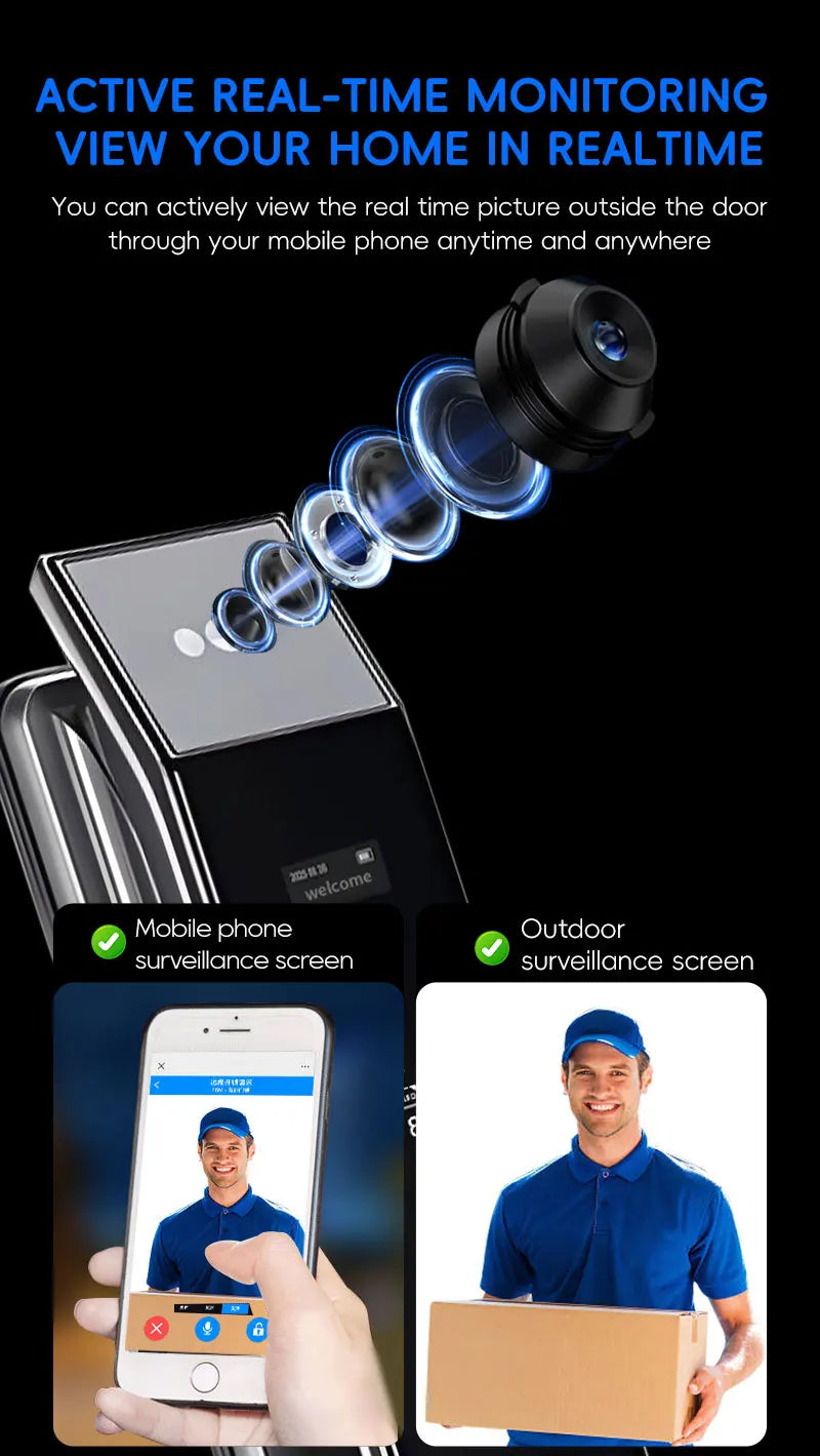 SANKESONG Tuya Smart 3D Face Door Lock Security Camera Monitor Intelligent Fingerprint Password Biometric Dual Battery - LKBA