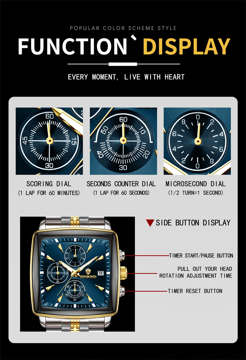 BINBOND Luxury Square Sport Man Wristwatch Waterproof Luminous Chronograph Quartz Men's Watches Stainless Steel Men Watch Reloj - LKBA