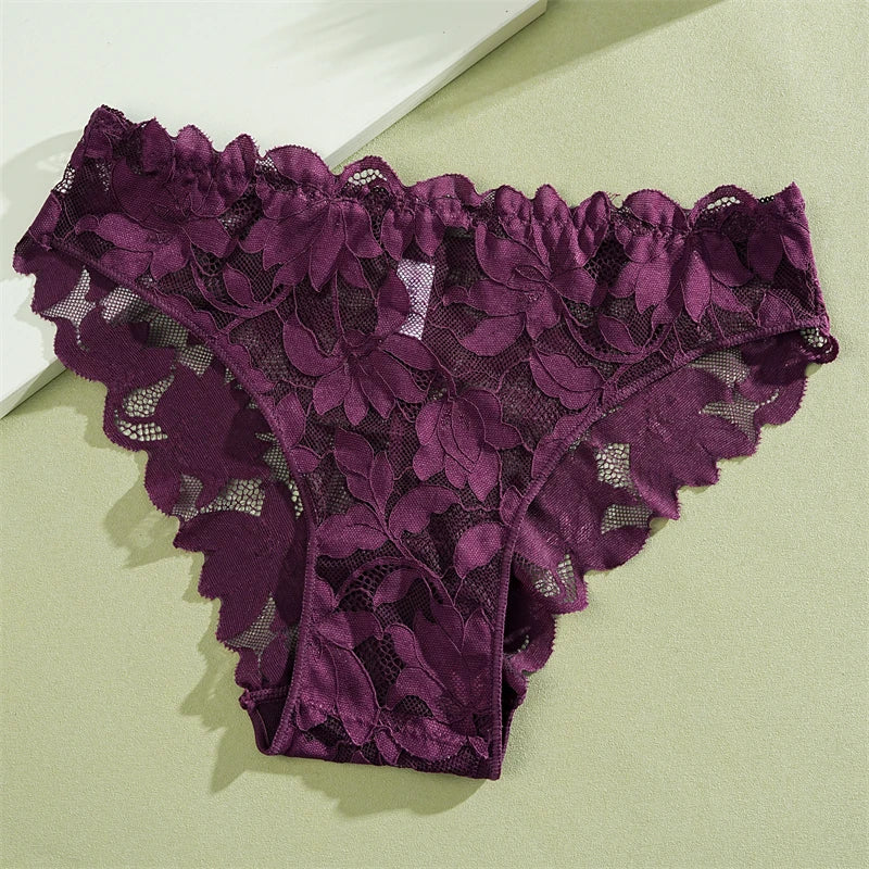 2Pcs Women's Satin Floral Lace Underwear Sexy Hollow Out Panties Solid Low-Waist Perspective Briefs Girls Soft Lingerie - LKBA