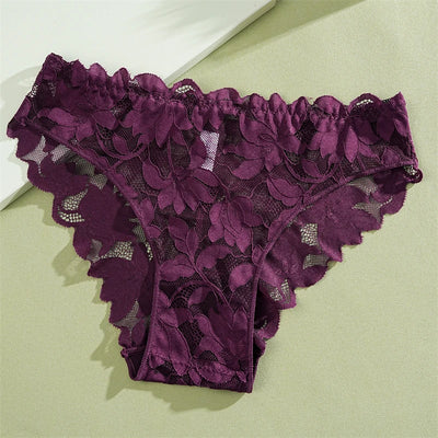 2Pcs Women's Satin Floral Lace Underwear Sexy Hollow Out Panties Solid Low-Waist Perspective Briefs Girls Soft Lingerie - LKBA