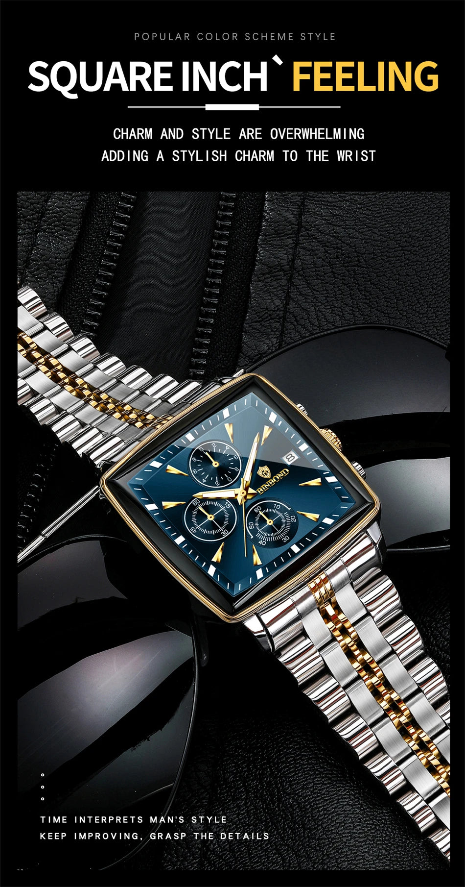 BINBOND Luxury Square Sport Man Wristwatch Waterproof Luminous Chronograph Quartz Men's Watches Stainless Steel Men Watch Reloj - LKBA