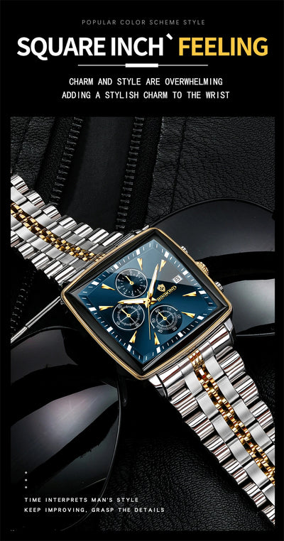 BINBOND Luxury Square Sport Man Wristwatch Waterproof Luminous Chronograph Quartz Men's Watches Stainless Steel Men Watch Reloj - LKBA
