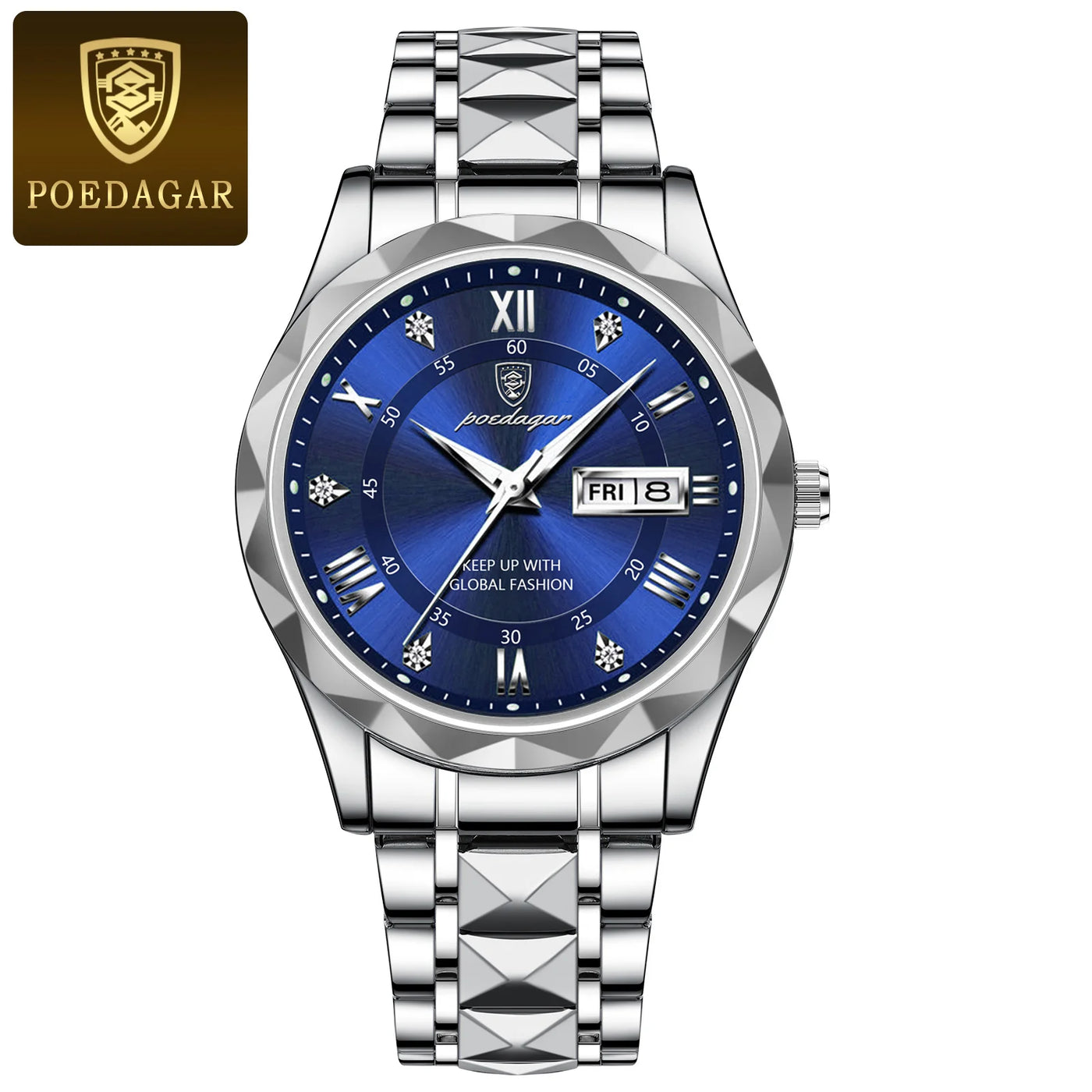 POEDAGAR Top Brand Luxury Men's Watches Waterproof Luminous Calendar Week Watch For Man Casual Stainless Steel Quartz Men Watch - LKBA
