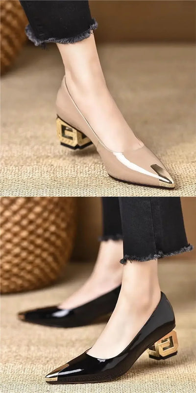 French Vintage High Heels Women's Spring Autumn New Style Metal Head Low Odor Elegant Anti-Kick Commuter Thick Heel Single Shoes - LKBA