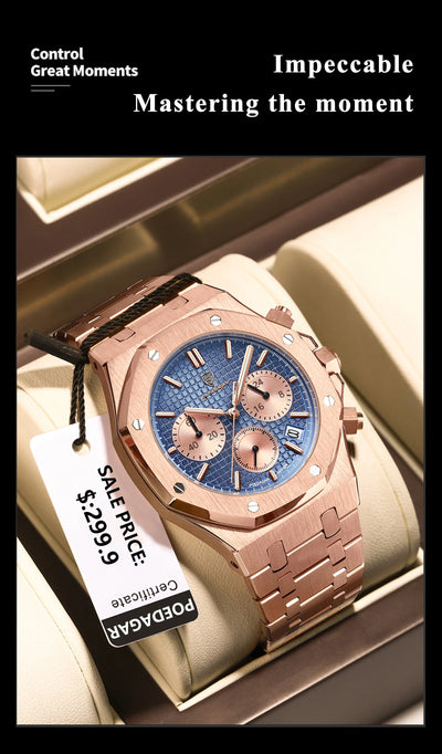 POEDAGAR Original Luxury Men's Watches Date Chronograph Stainless Steel Quartz Watch Waterproof Luminous Fashion Man Wristwatch - LKBA