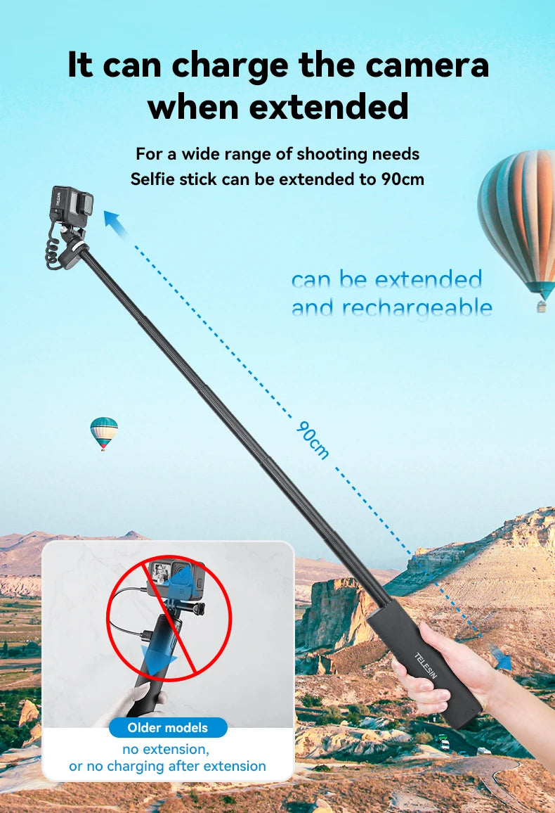 Selfie Stick QC/PD3.0 fast charging Power Selfie Stick 90CM Telescoping Selfie Pole with 1/4 Inch Screw - LKBA