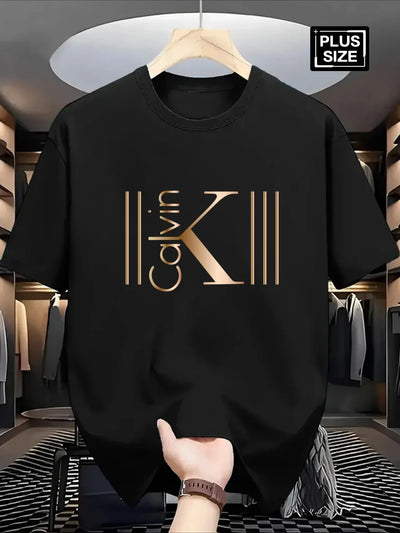 Plus Size Men's Calvin Style T-Shirt White Cotton Short Sleeve with Gold K Print Fashion Casual Tee Big and Tall Clothing - LKBA