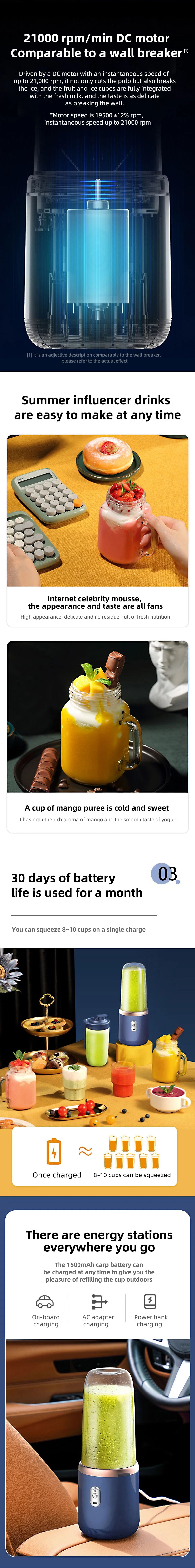 Portable Juicer Blender 400ml Electric Fruit Juicer USB Charging Lemon Orange Fruit Juicing Cup Smoothie Blender Machine 2cups - LKBA