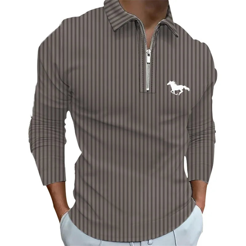 100% Polyester Fiber Zipper Striped Long Sleeved Polo Shirt Light Mature and Fashionable Men's Top Item - LKBA