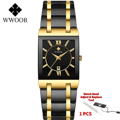 Fashion Stainless Steel Watches Men 2024 WWOOR Square Waterproof Quartz Watch Men Top Brand Luxury Gold Black Wristwatch For Man