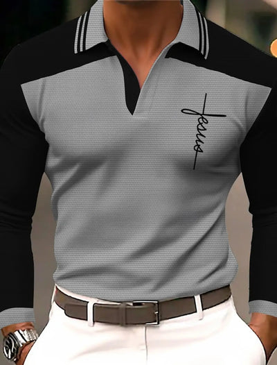 Men's 3D Printed Cross Pattern Golf Shirt Long Sleeve Polo Shirt Business Casual - LKBA