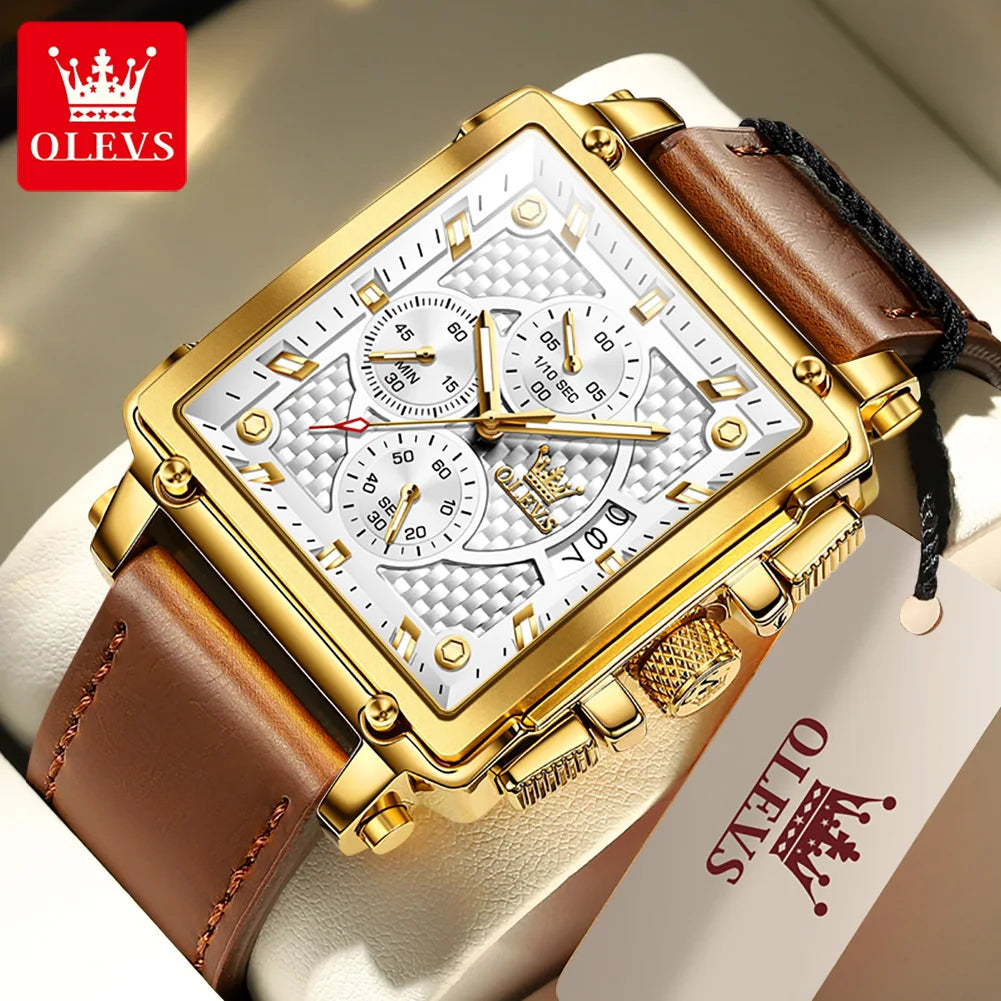 OLEVS Luxury Classic Men's Watches Top Brand Original Quartz Square Quartz Watch for Man Leather Strap Waterproof Luminous Date - LKBA