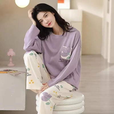 Pyjamas Set for Women's Plus Size Student Long Sleeve Spring and Fall Loungewear Ladies Simple Loose Homewear Casual Sleepwear - LKBA